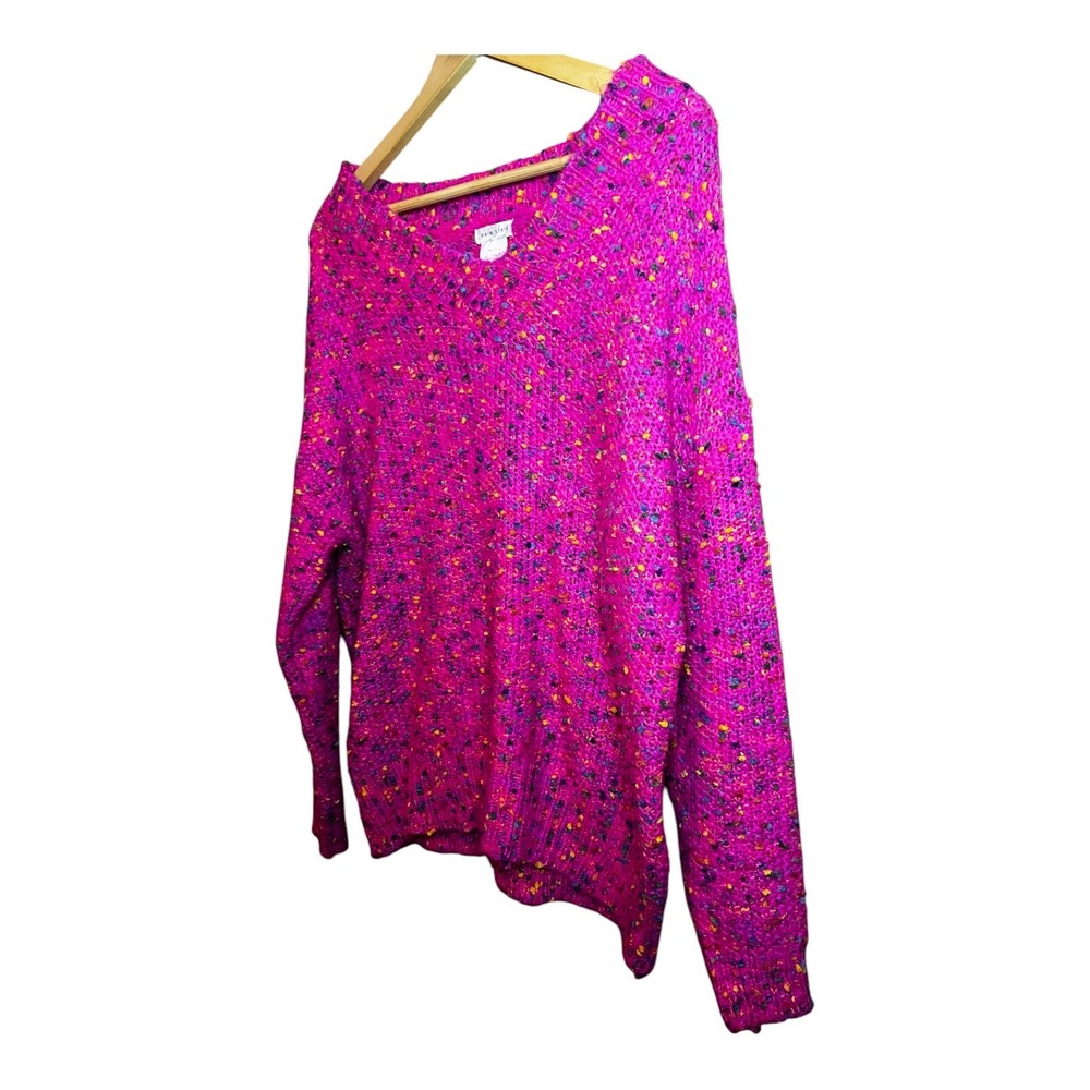 Main Strip Fuchsia Pink Confetti Speckled Chunky Knit V-Neck Sweater LT32067 - Picture 3 of 6